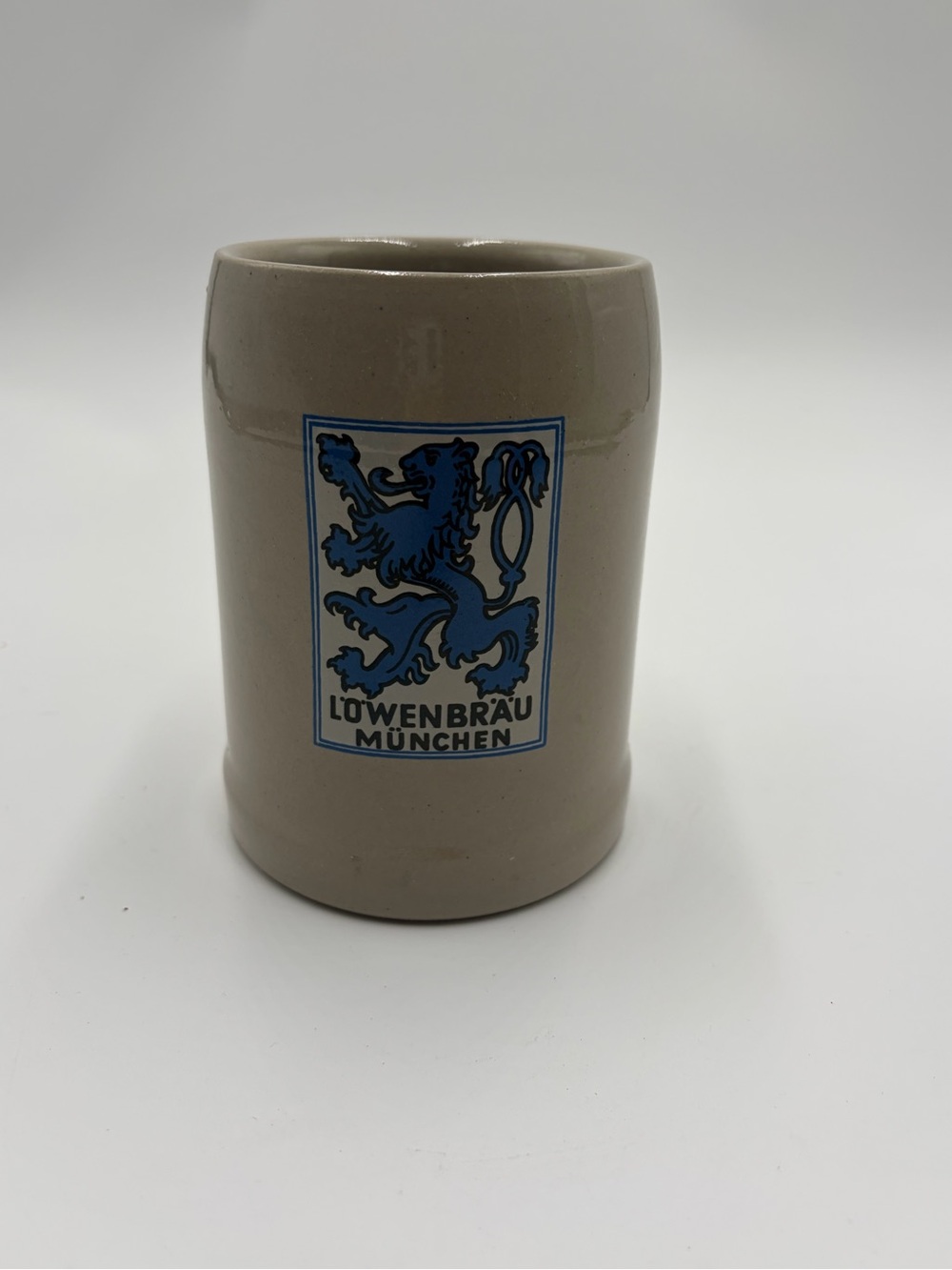 Löwenbräu München Ceramic Beer Stein in Beige with Blue Logo